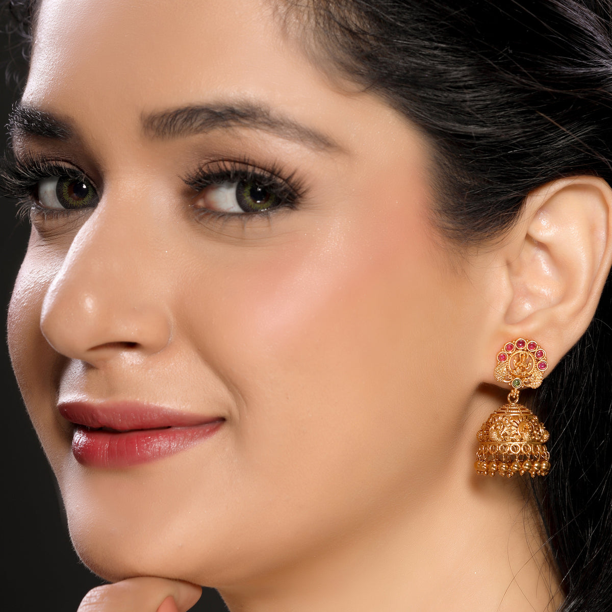 Timeless Laxmi Temple Jhumkas in Matte Gold with Ruby Inlay