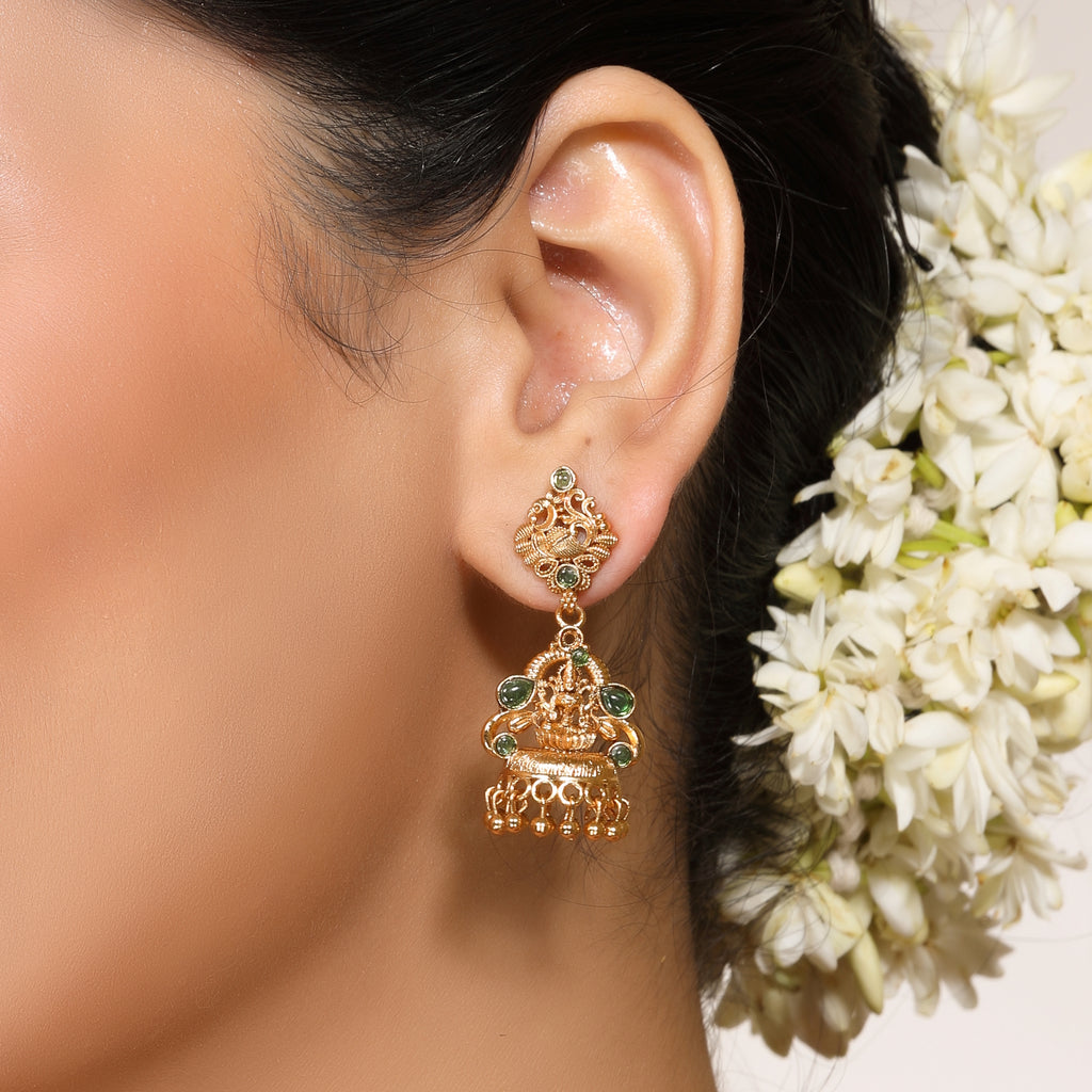 Heritage Laxmi Temple Jhumka with Faux Emerald & 22KT Matte Gold Finish