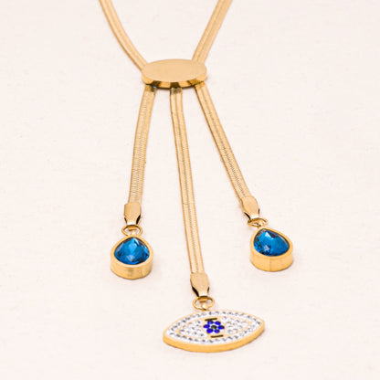 American Diamond Studded Evils Eye with Blue Drop Pearl Pendant Front Adjustable 18KT Gold Plated Stainless Steel Chain Necklace