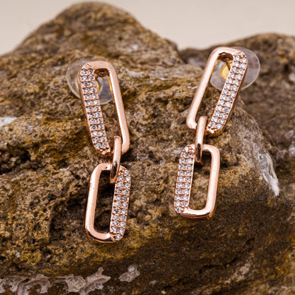 5A Zirconia Studded Dual Rectangular Rose Gold Plated Dangler Earrings in Stainless Steel