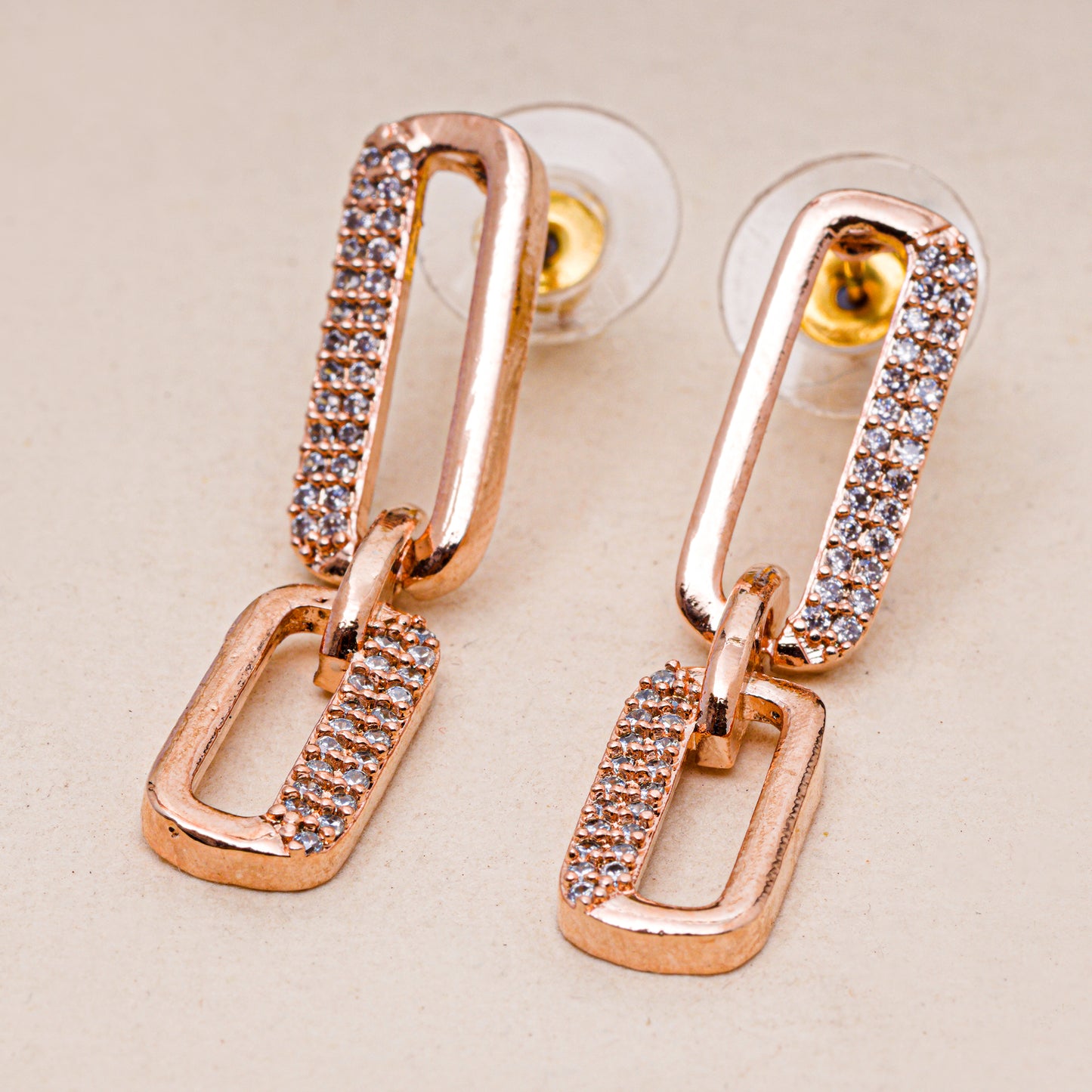 5A Zirconia Studded Dual Rectangular Rose Gold Plated Dangler Earrings in Stainless Steel