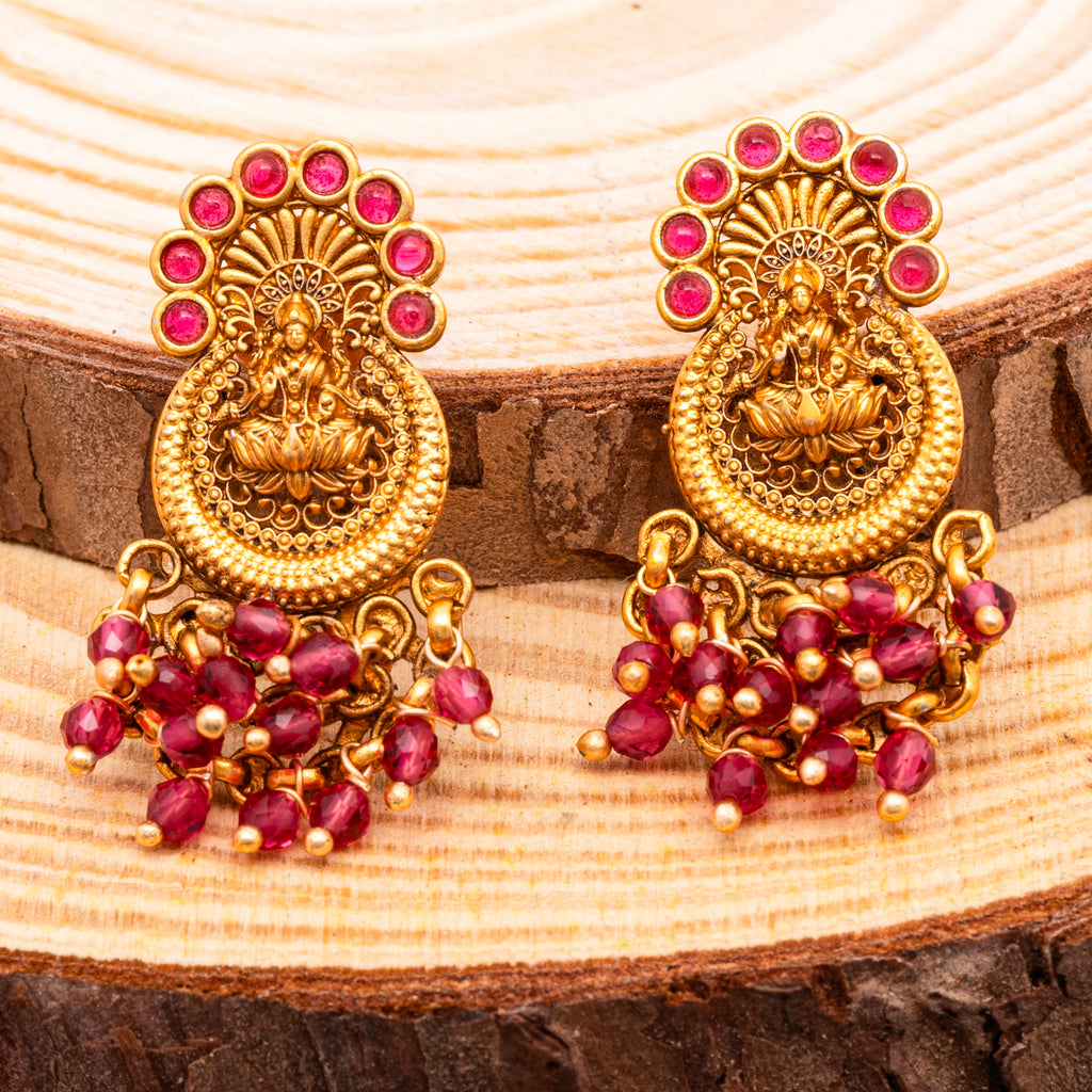 Graceful Laxmi Temple Studs with Faux Ruby n Red Crystals [Matte Gold]
