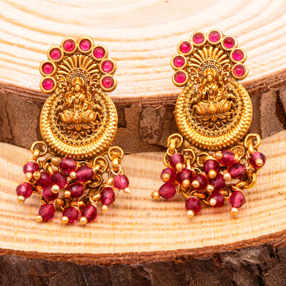 Ruby and red Crystal Beads Studded Traditional Temple 22KT Gold Plating Brass Laxmi Studs