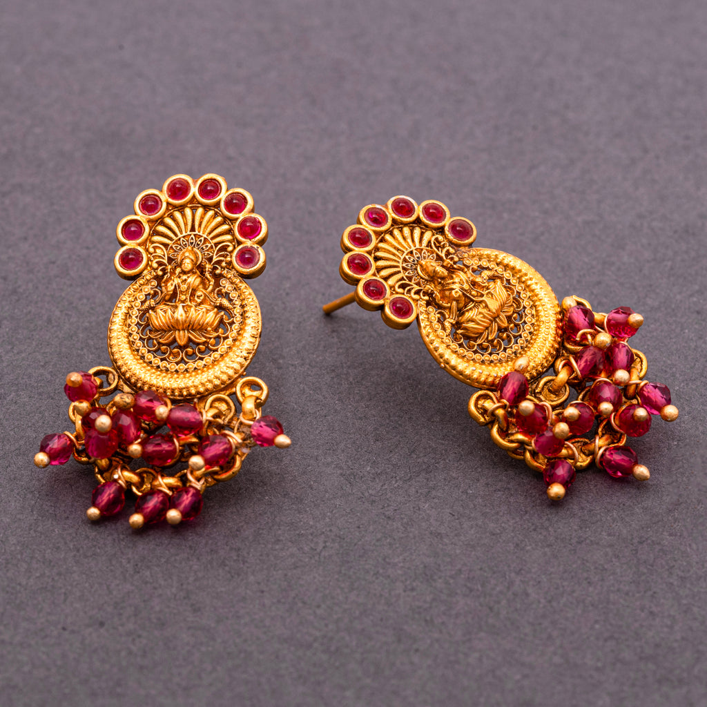 Graceful Laxmi Temple Studs with Faux Ruby n Red Crystals [Matte Gold]