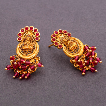 Ruby and red Crystal Beads Studded Traditional Temple 22KT Gold Plating Brass Laxmi Studs