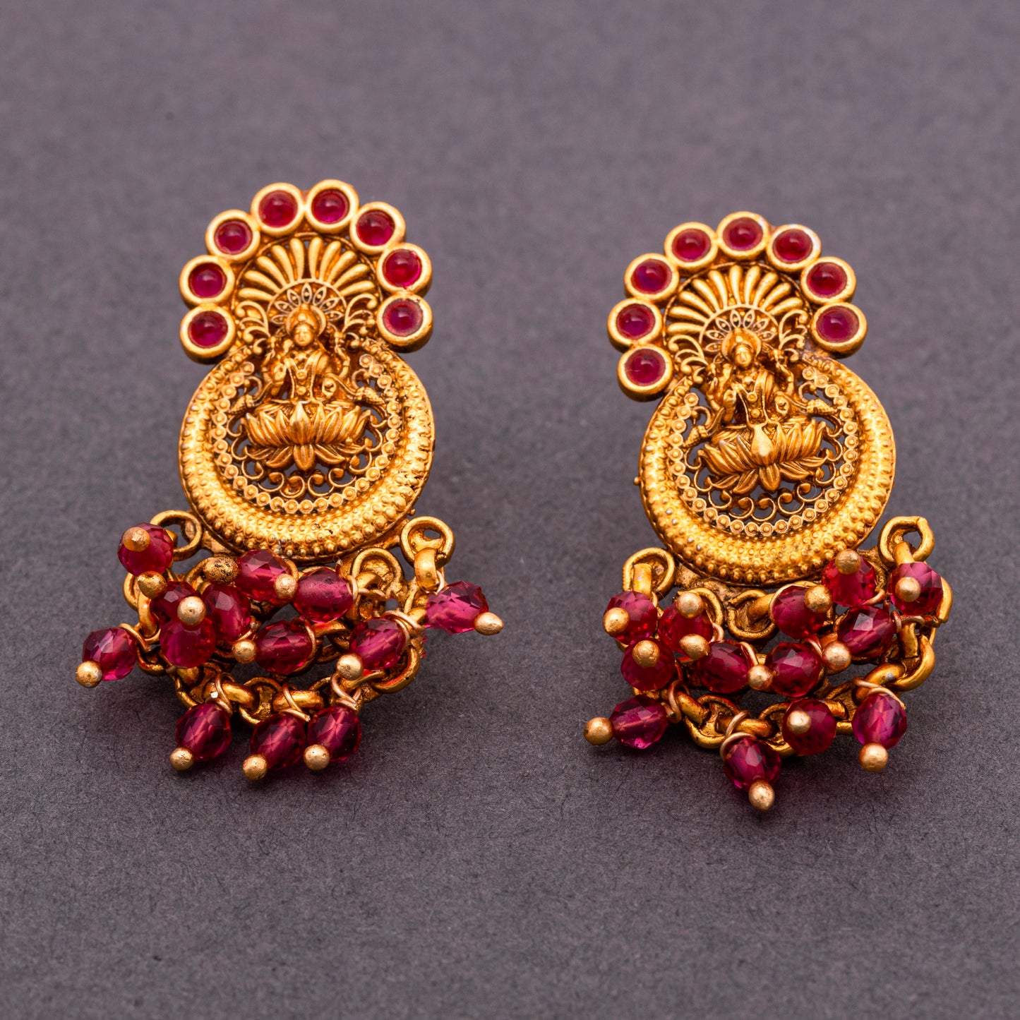 Ruby and red Crystal Beads Studded Traditional Temple 22KT Gold Plating Brass Laxmi Studs