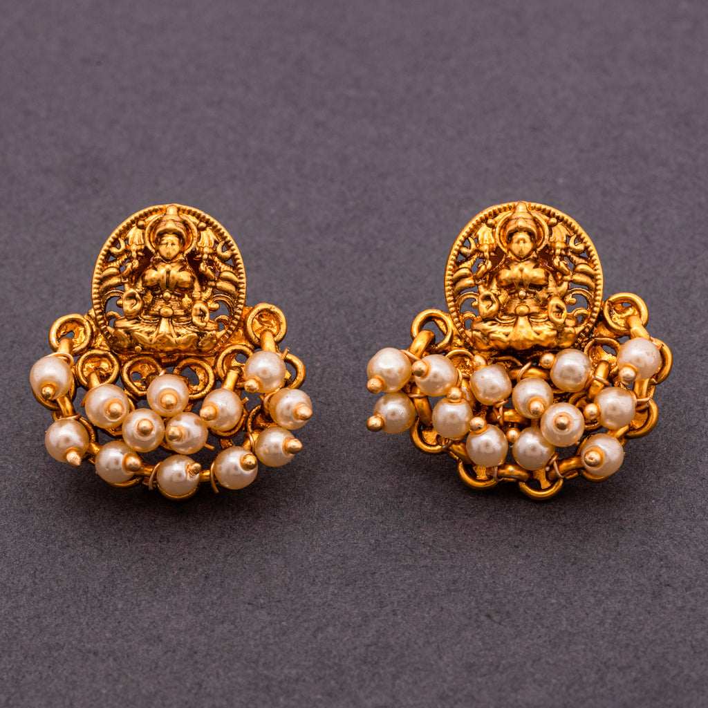 Vintage Laxmi Traditional Studs with White Pearls in 22KT Matte Gold