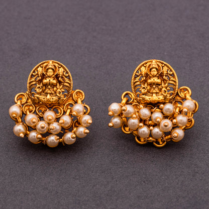 Laxmi Brass 22KT Gold Plated Matte Finish White Pearls Beaded Traditional Temple Studs