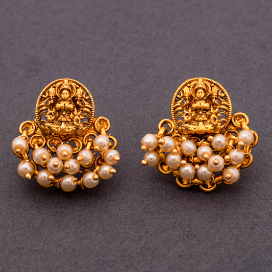 Laxmi Brass 22KT Gold Plated Matte Finish White Pearls Beaded Traditional Temple Studs