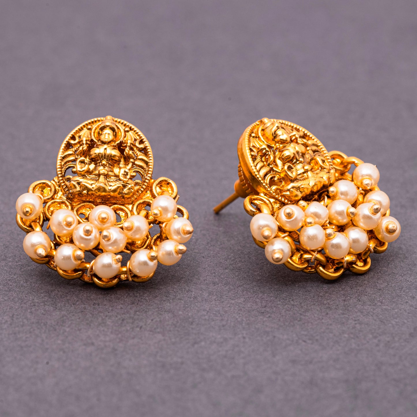 Laxmi Brass 22KT Gold Plated Matte Finish White Pearls Beaded Traditional Temple Studs