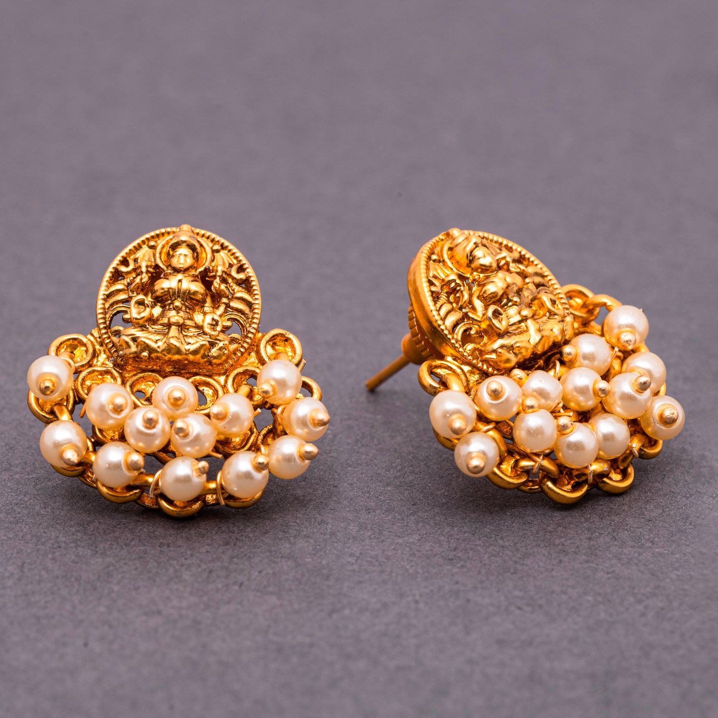 Laxmi Brass 22KT Gold Plated Matte Finish White Pearls Beaded Traditional Temple Studs