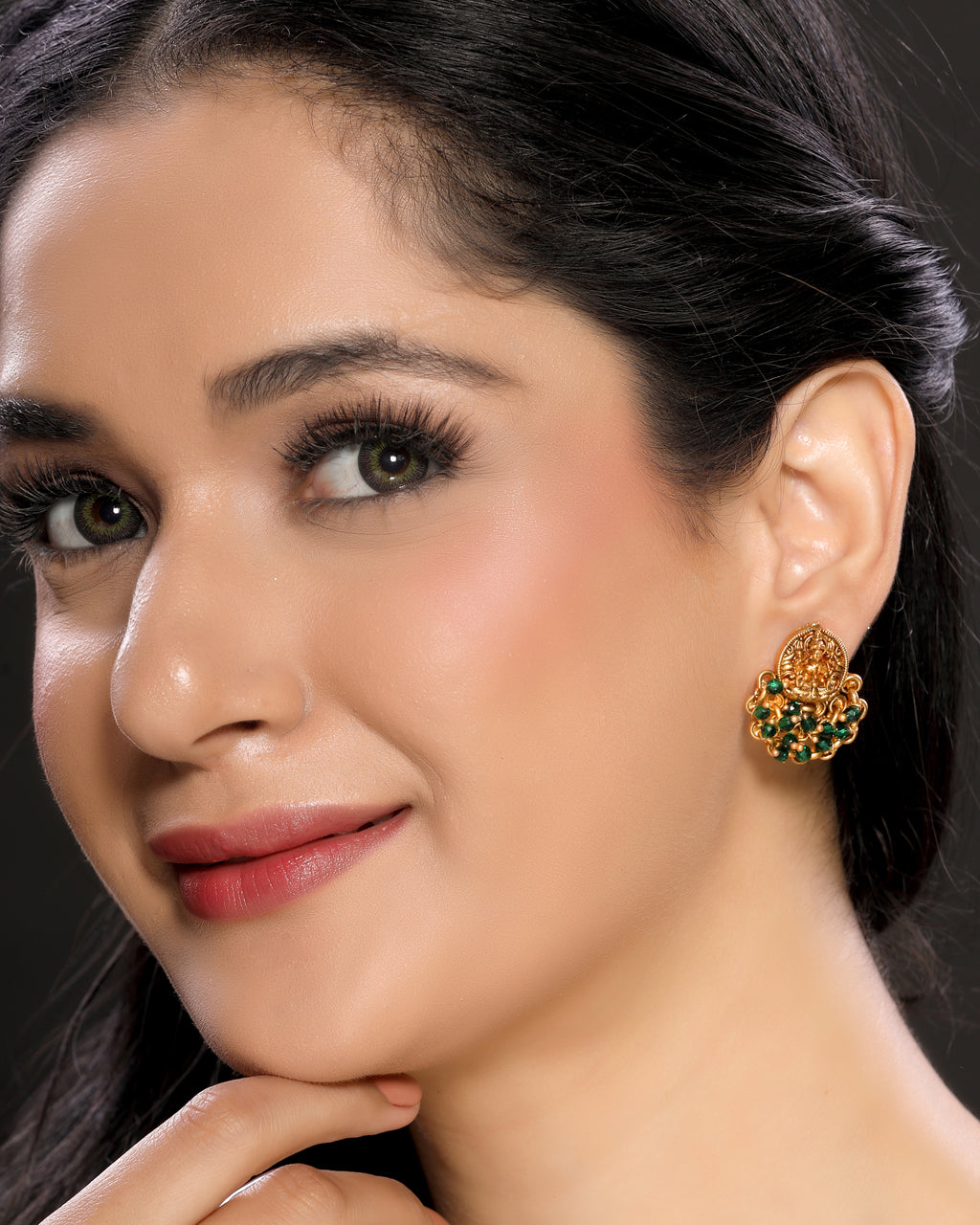 Elegant Laxmi Temple Studs with Green Crystals in 22KT Gold Matte