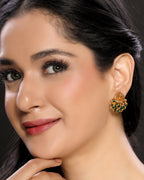 Elegant Laxmi Temple Studs with Green Crystals in 22KT Gold Matte