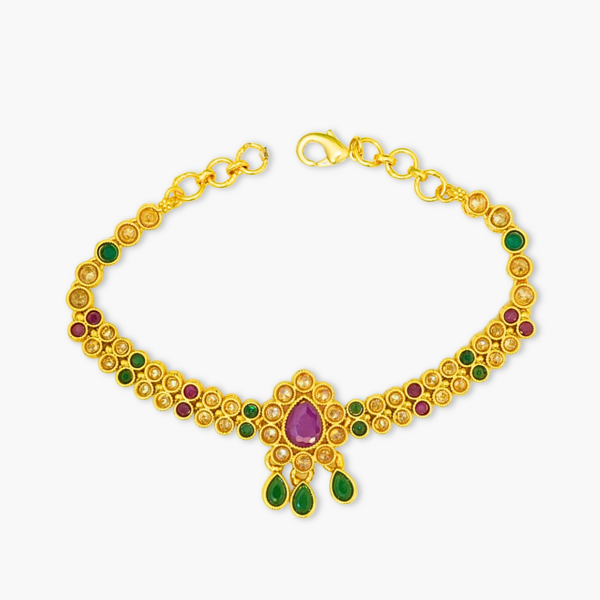 High Toned Multicolour Crystal Studded Broochy Linear Chain Traditional Bracelet in Gold Plated