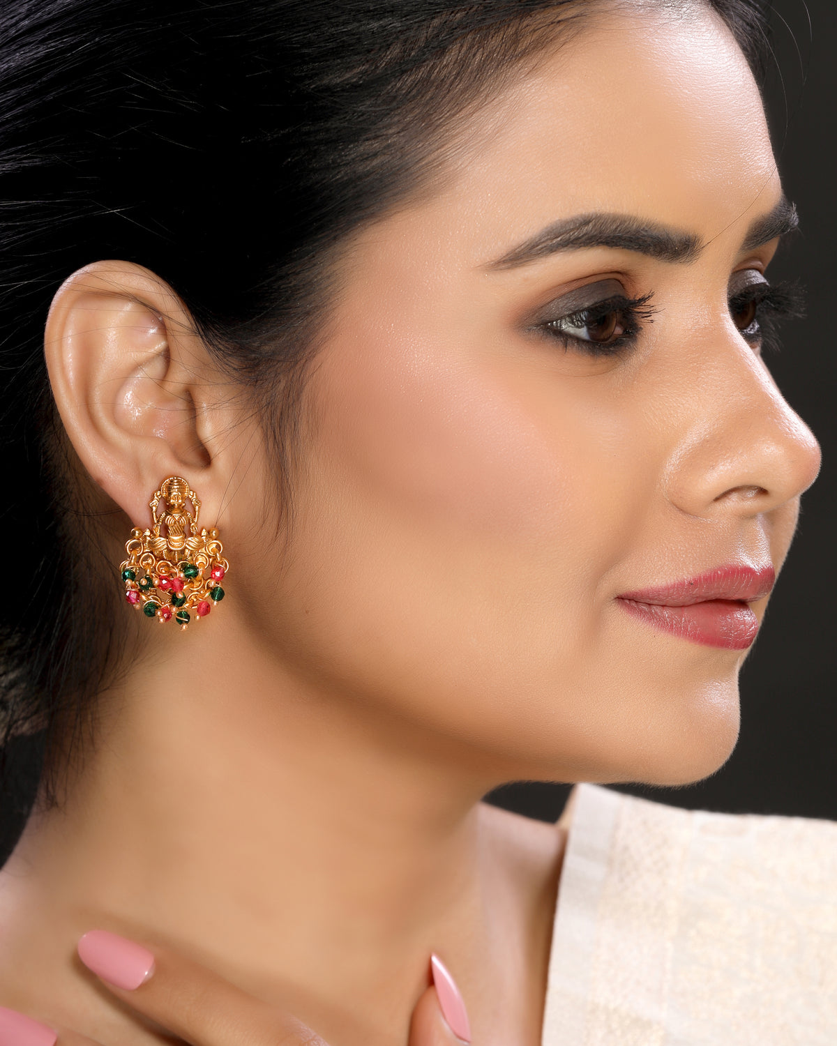 Divine Laxmi Studs in 22KT Matte Gold with Festive Red Green Motifs