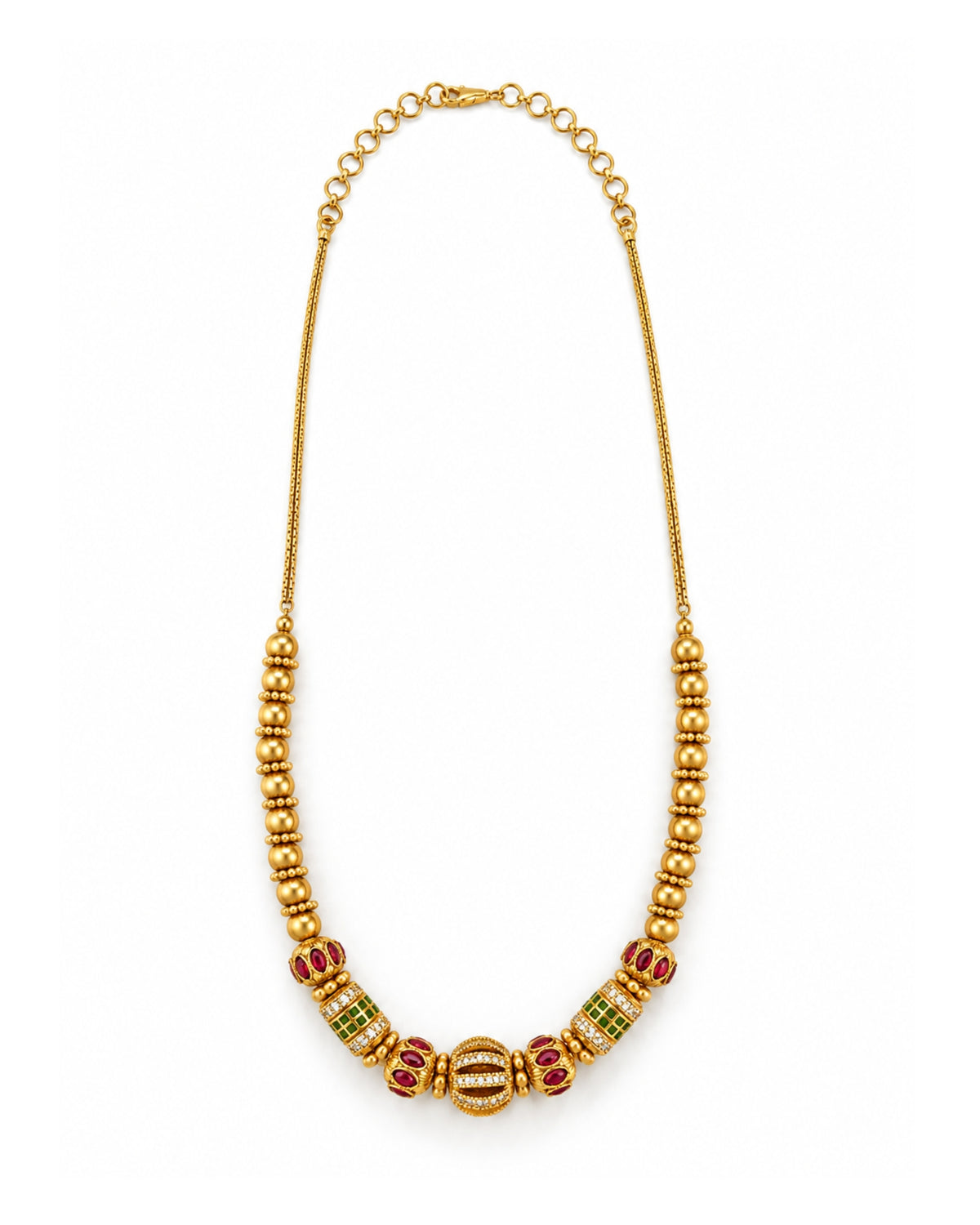 Oval Gold-Plated Beaded Multicolour Stone AD Chain Necklace