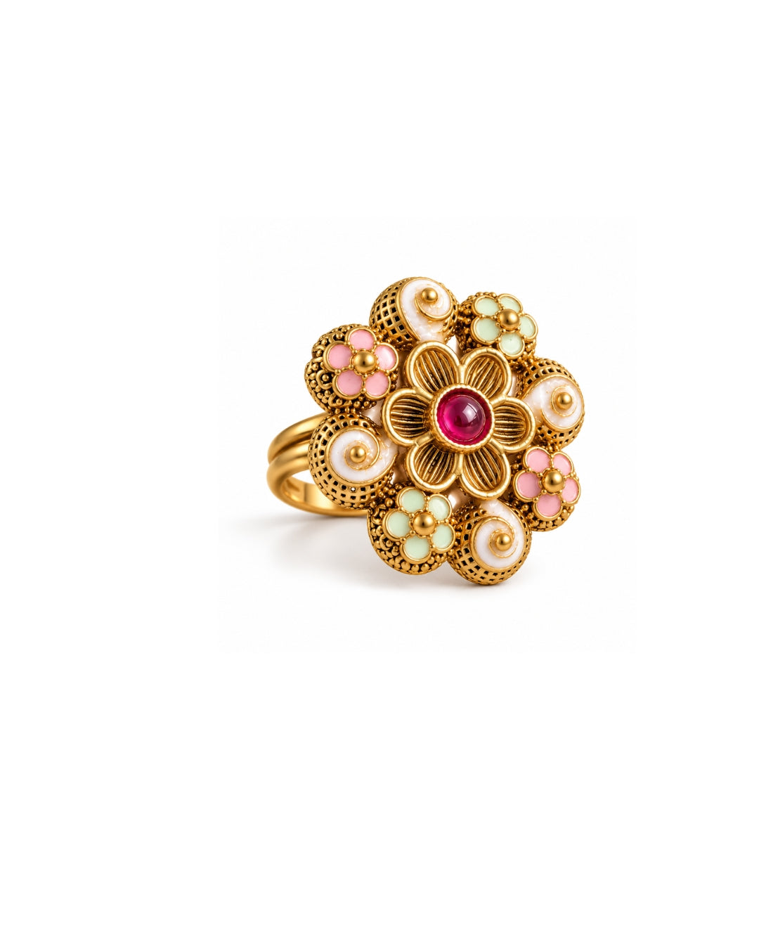 Gold Plated Floral Meenakari Adjustable Ring