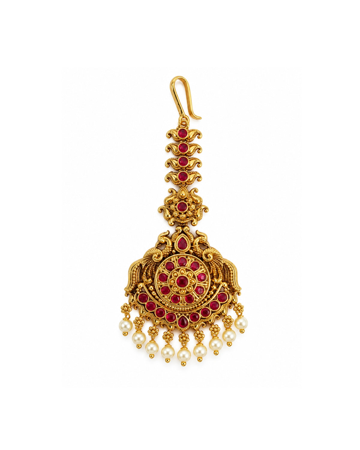 Handcrafted White Beads & Red Stones Maang Tikka