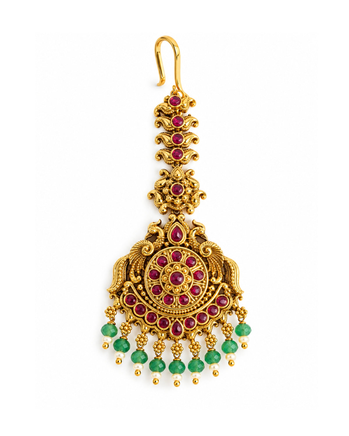Traditional Gold-Plated Green Beaded & Red Stone Maang Tikka