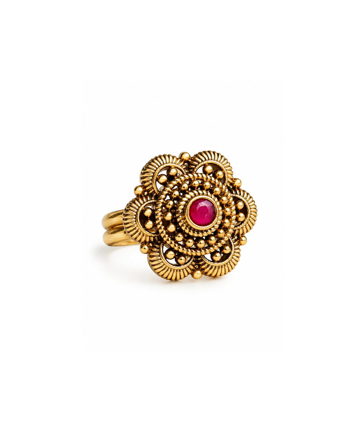 Antique Gold Plated Ruby Floral Carved Adjustable Ring