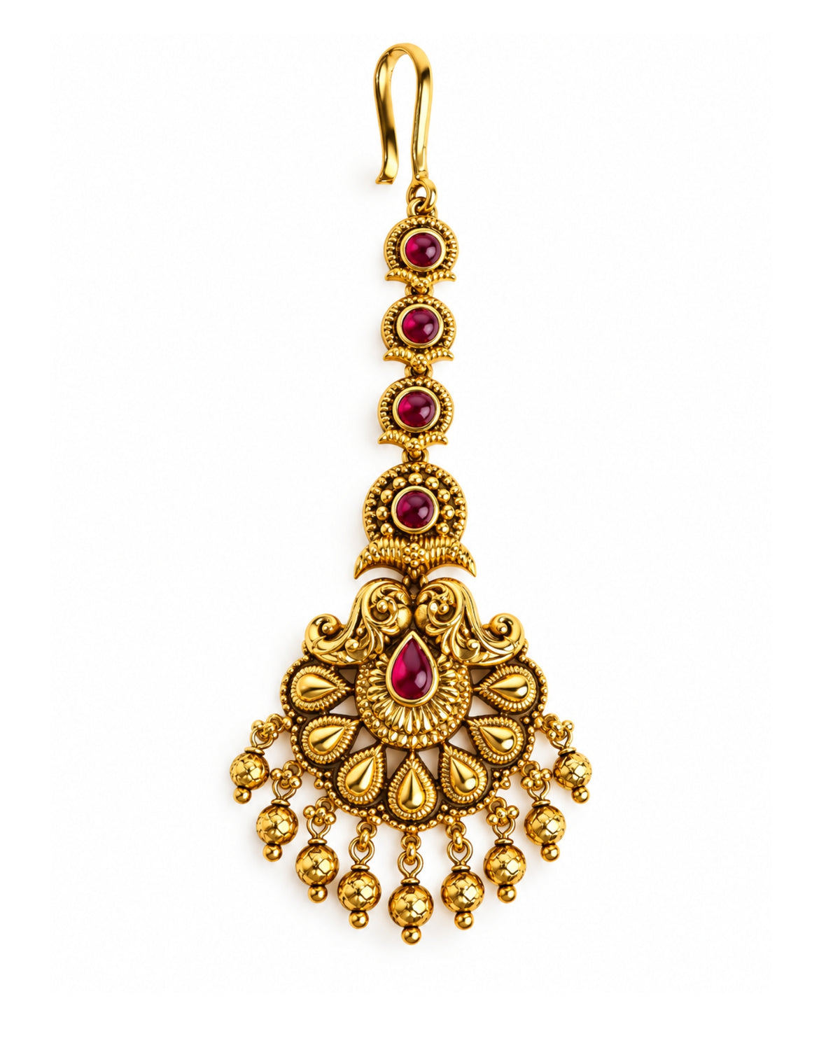 Gold-Plated Ruby Studded Golden Beads Maang Tikka