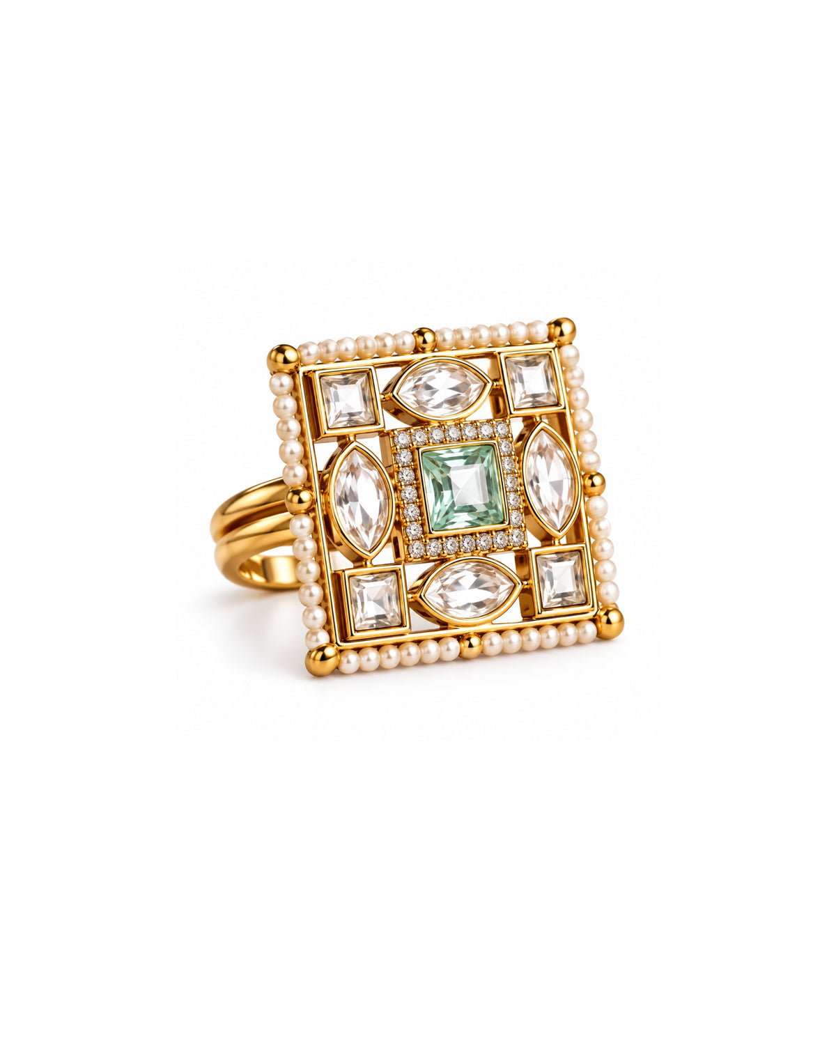 Square Gold Plated Kundan Mint Green & AD Pearl Ring