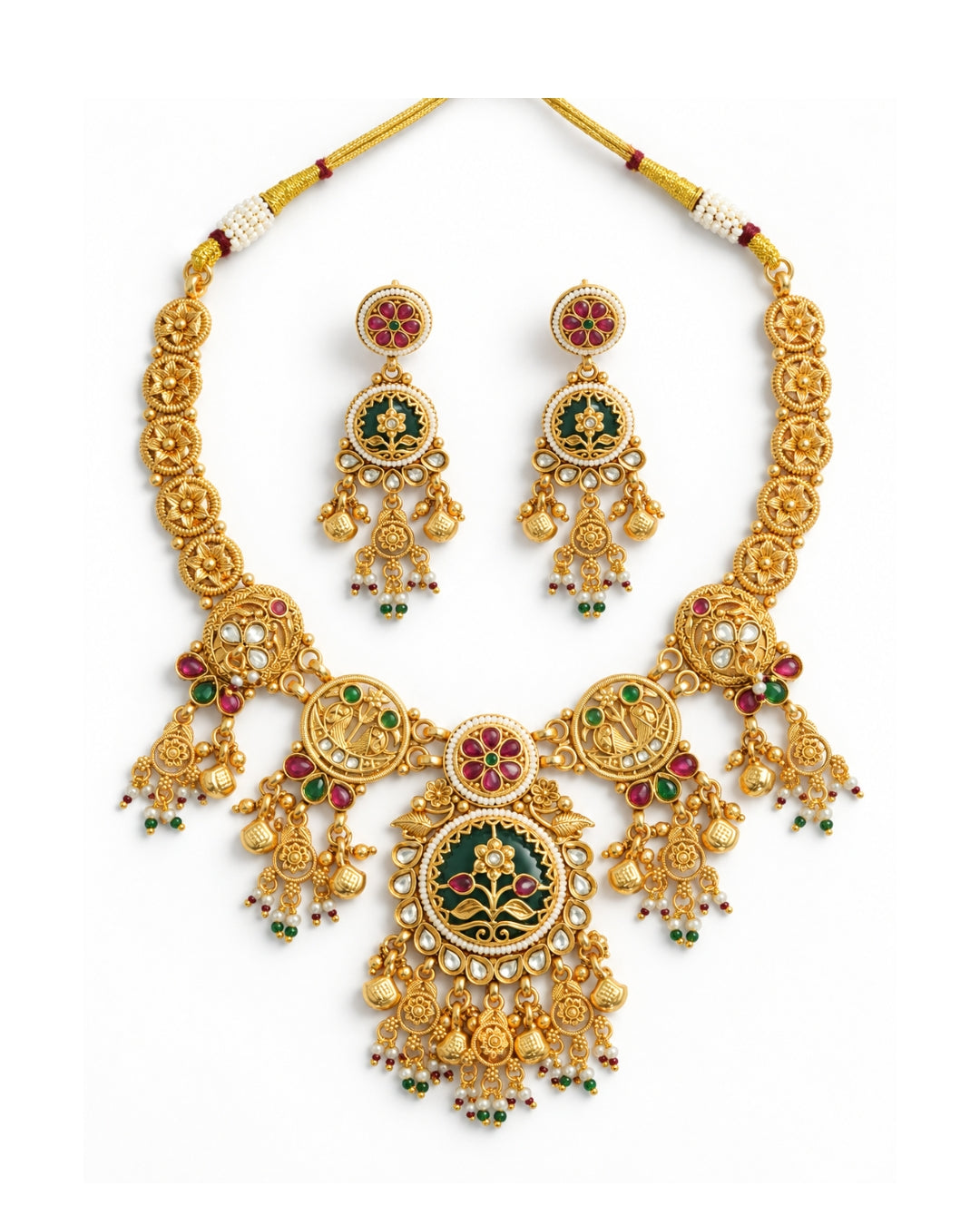 Rajwadi Emerald Multi-stone Gold Plated Necklace Set