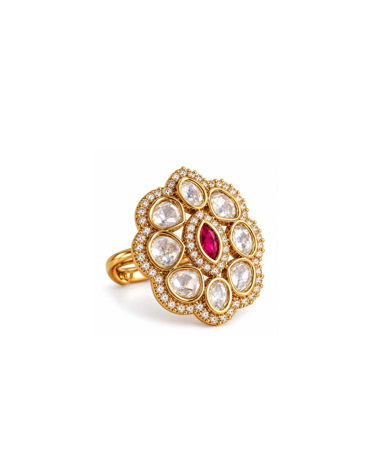 Kundan Pink Stone AD Gold-Plated Adjustable Ring