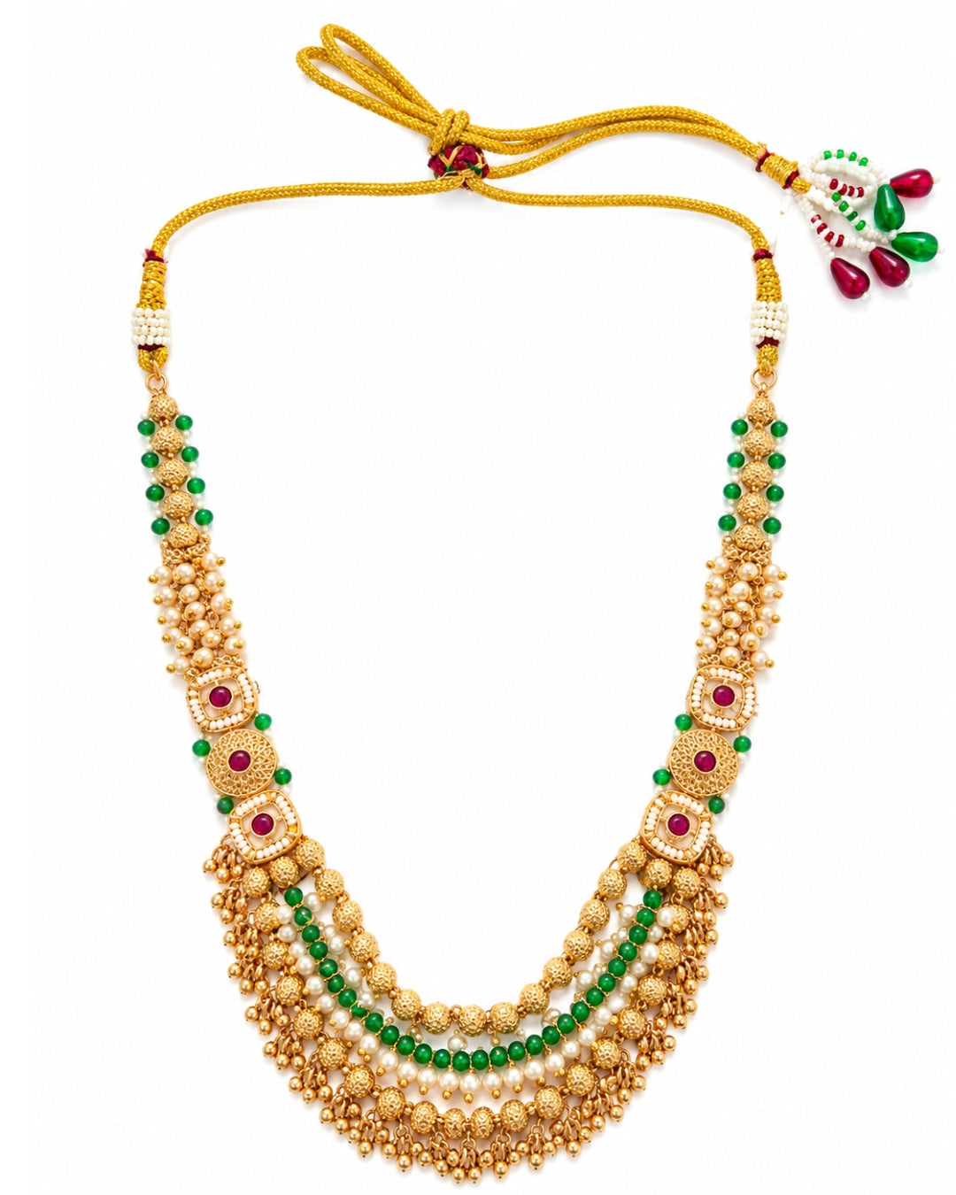 Jadau Gold Plated Emerald Ruby Pearl Detailing Traditional Necklace Set