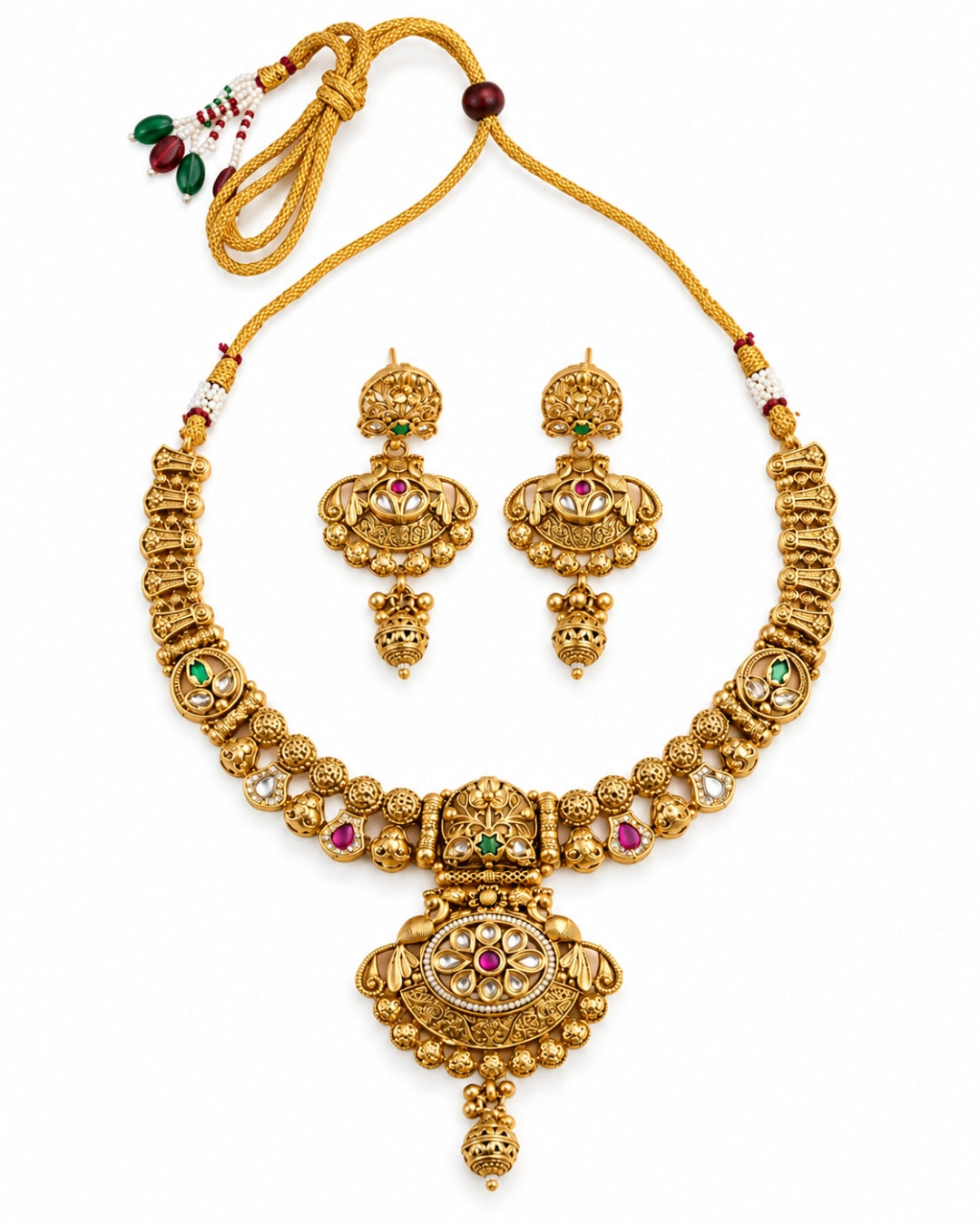 Gold-Plated Multi-stone Studded Necklace & Earrings Set