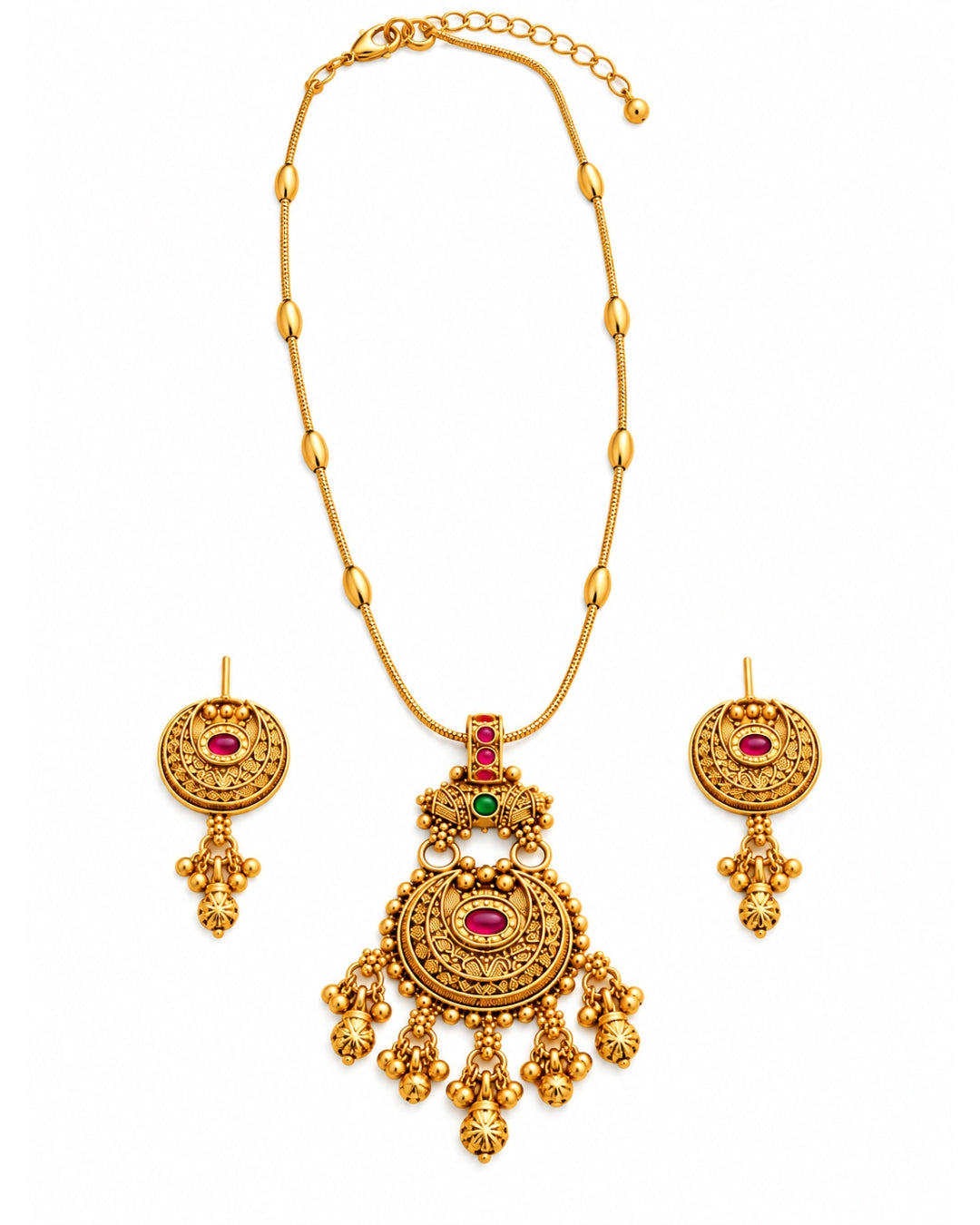 Gold-Plated Moon-Shaped Pink Stone Pendant Necklace Set