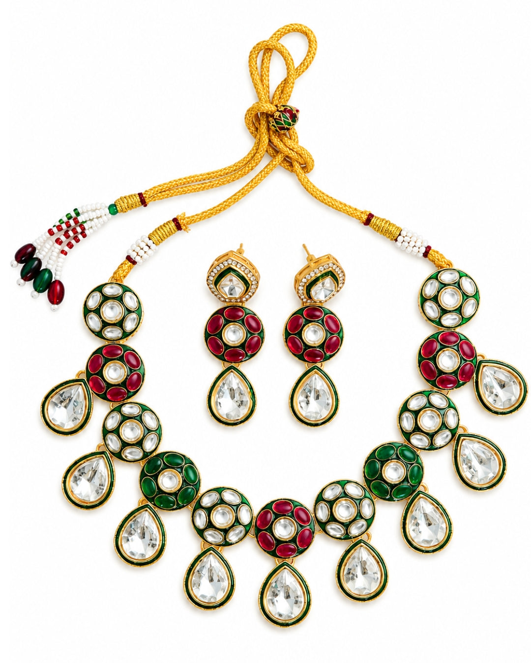 Gold Plated Kundan, Red & Green stone Gold Plated Necklace Set