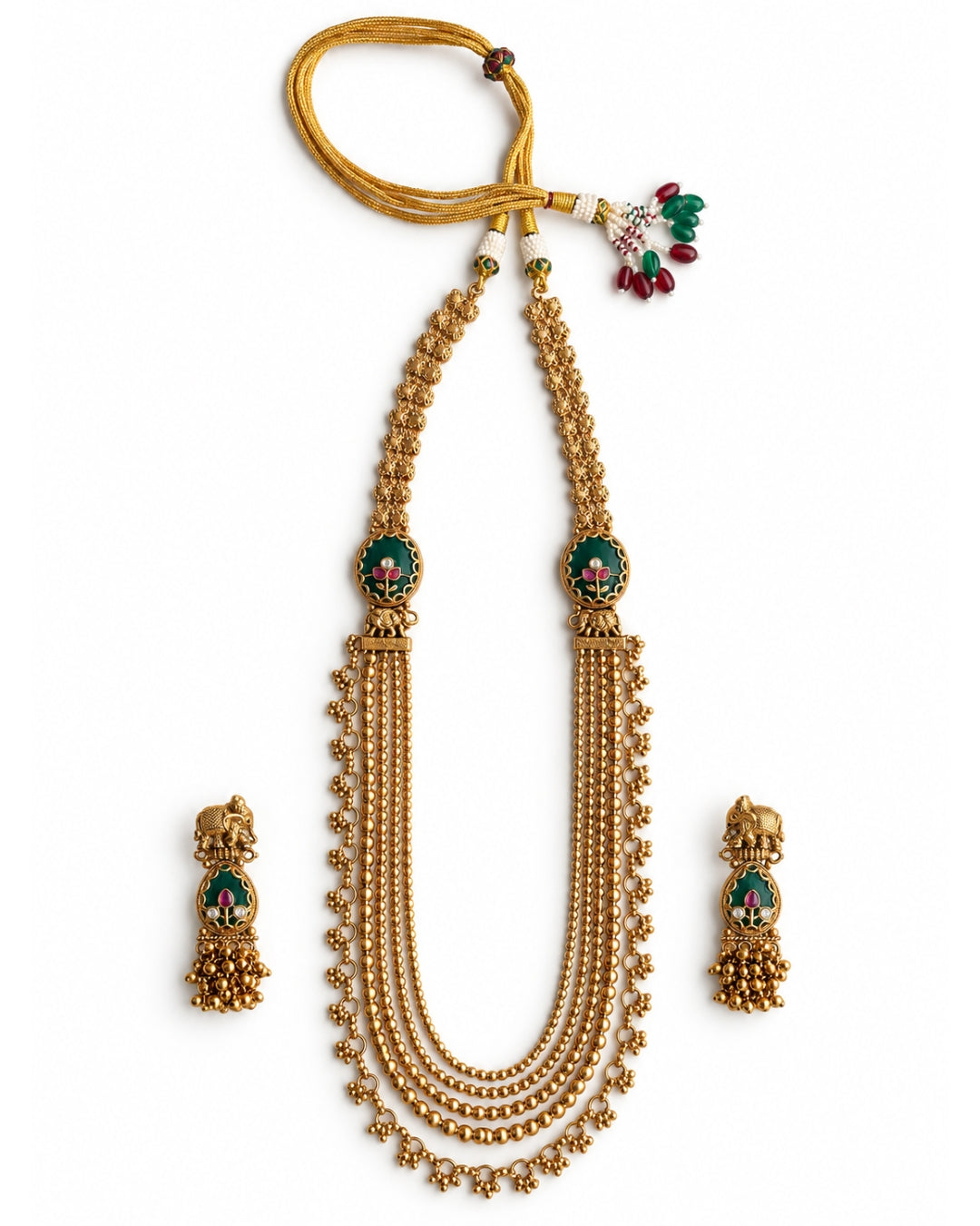 Multi-Layered Gold-Plated Emerald Long Necklace Set