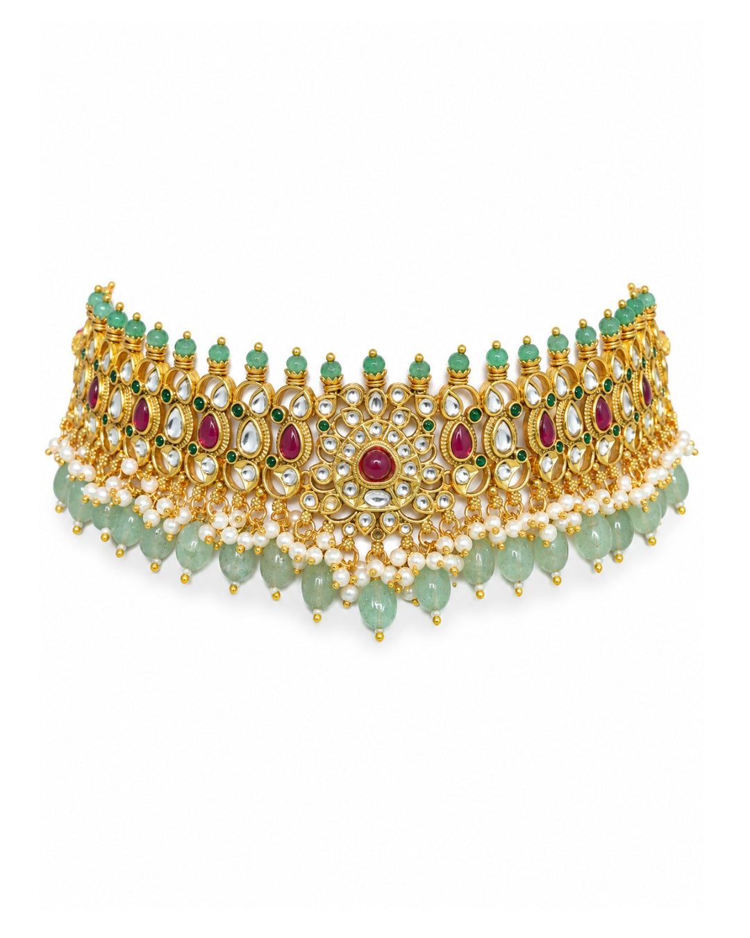 Kundan Studded & Mint Beaded Gold-Plated Choker Necklace Set