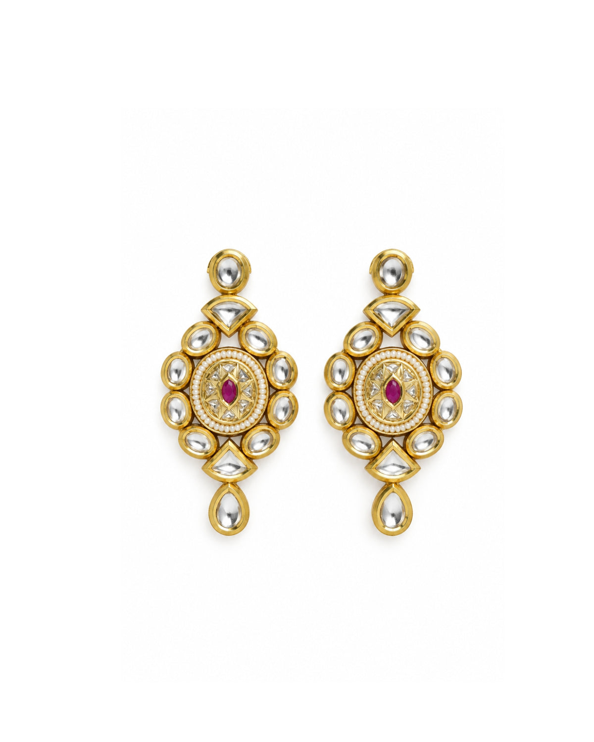 Gold Plated Kundan Studded Pearl detailing Oval Earrings