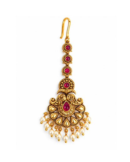 Gold-Plated Ruby Studded off White Beads Maang Tikka