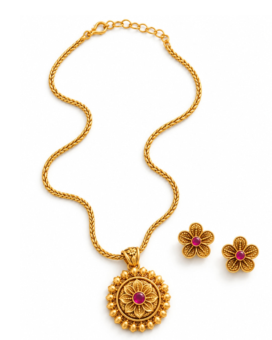 Gold Plated Round Floral Ruby Necklace & Earrings set
