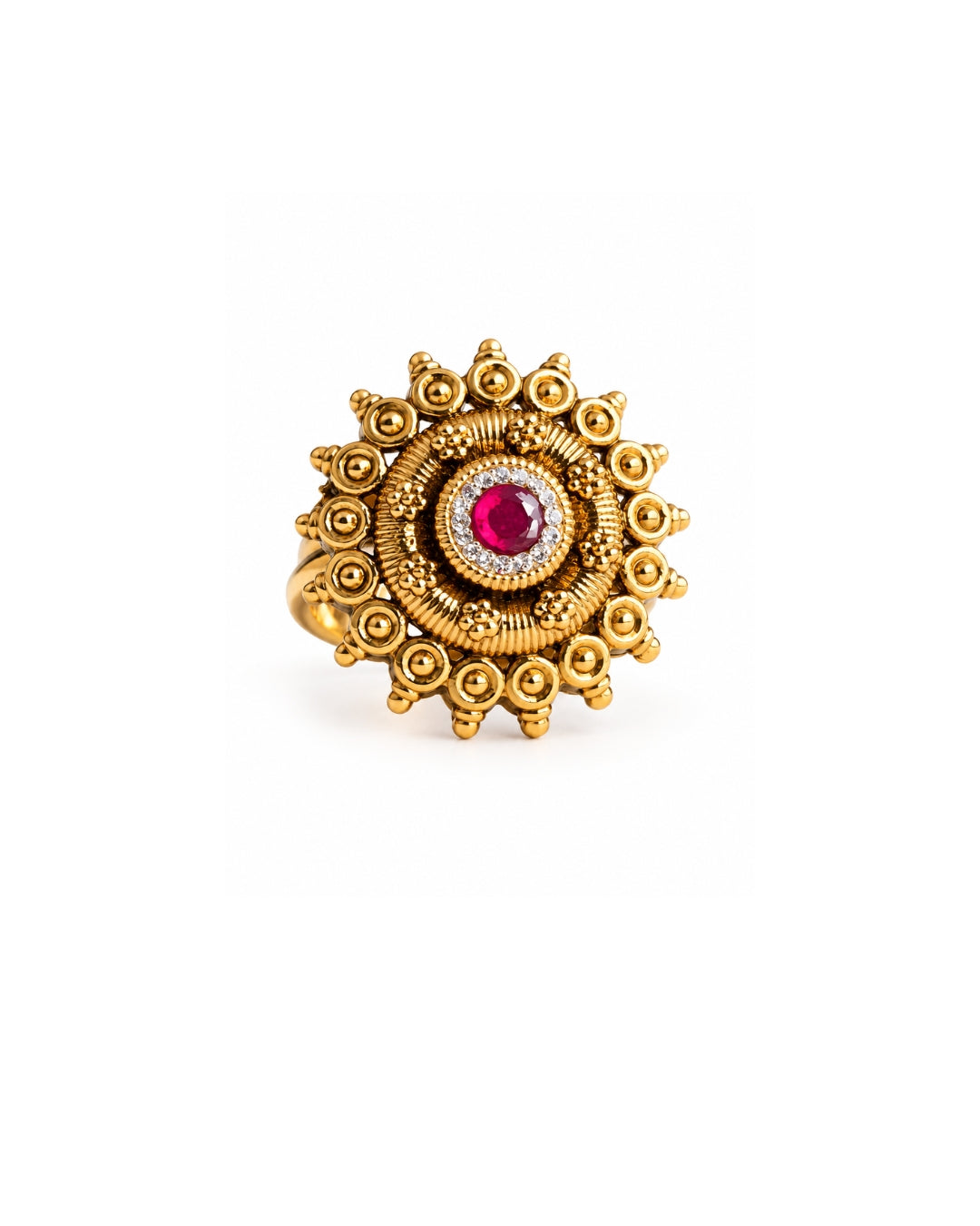 Antique Gold Plated Ruby & AD Studded Floral Ring