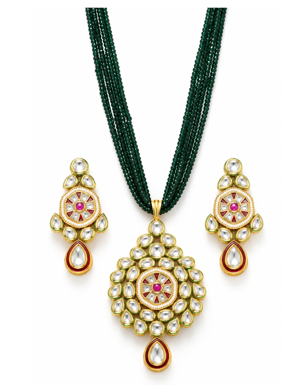 Gold-Plated Teardrop Kundan Multilayer Green Beaded Necklace Set