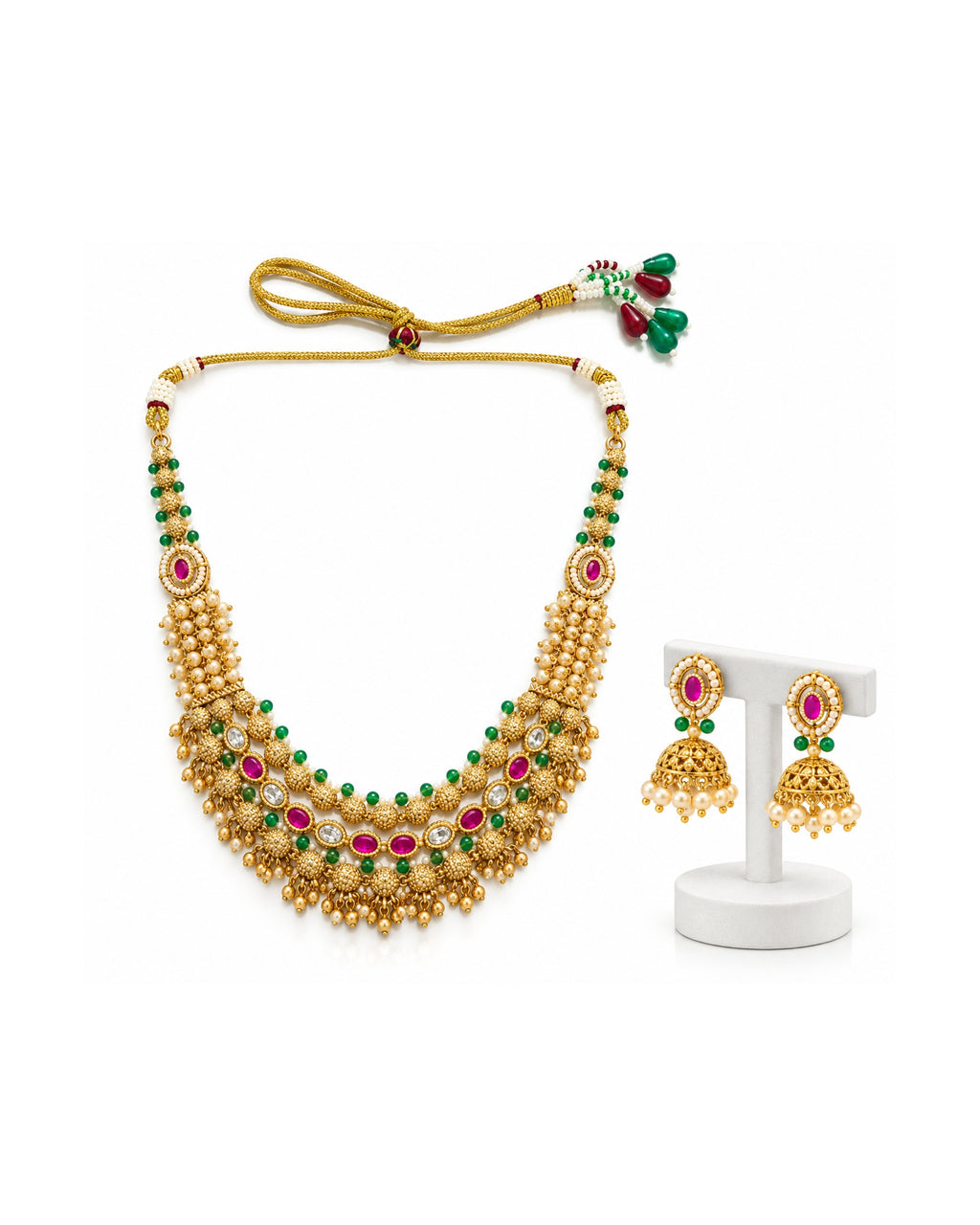 Jadau Traditional Necklace Set with Emerald Pearl and Ruby Detailing