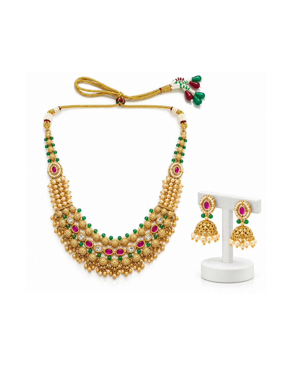 Jadau Traditional Necklace Set with Emerald Pearl and Ruby Detailing