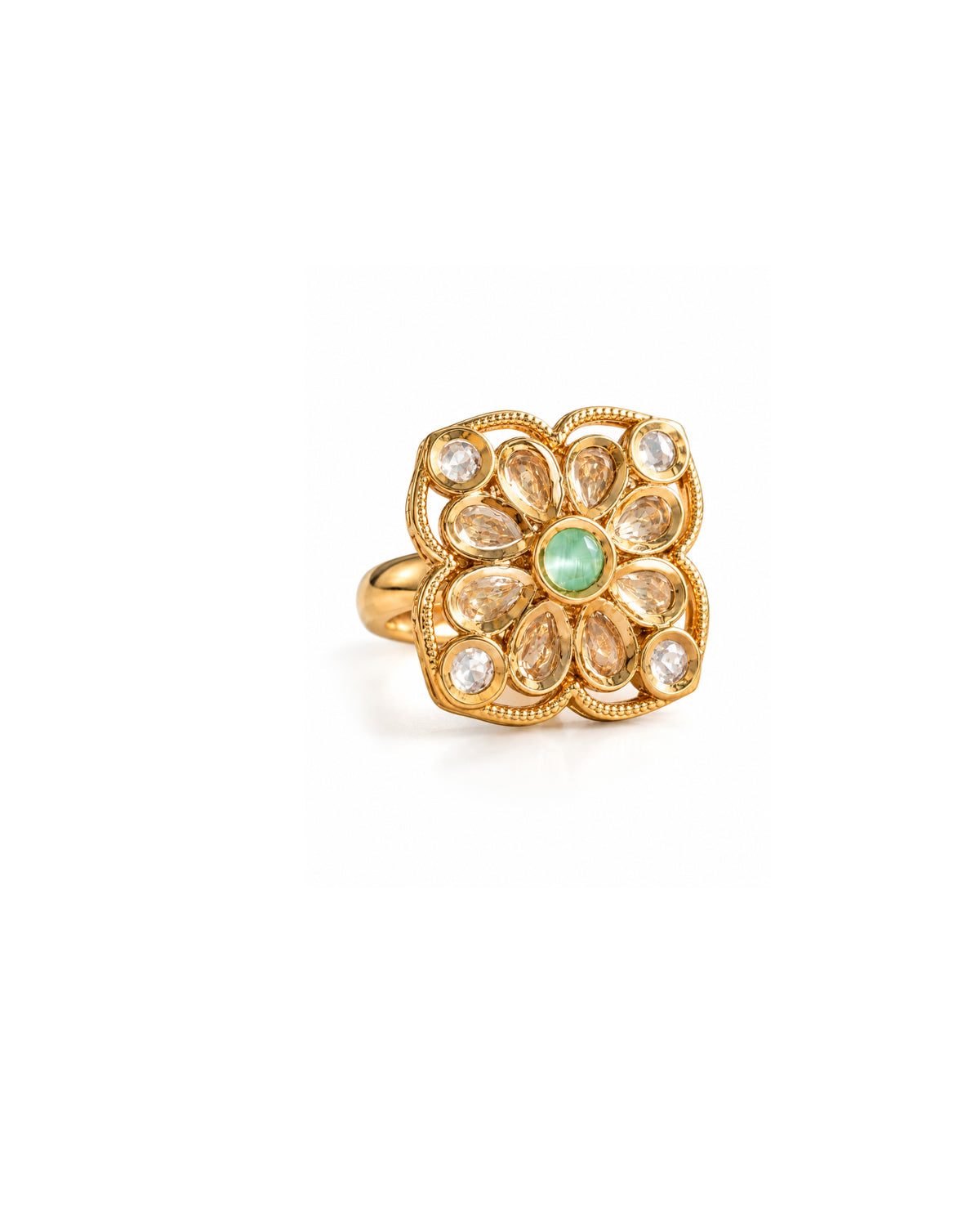 Gold-Plated Clover-Shaped Mint Stone Ring