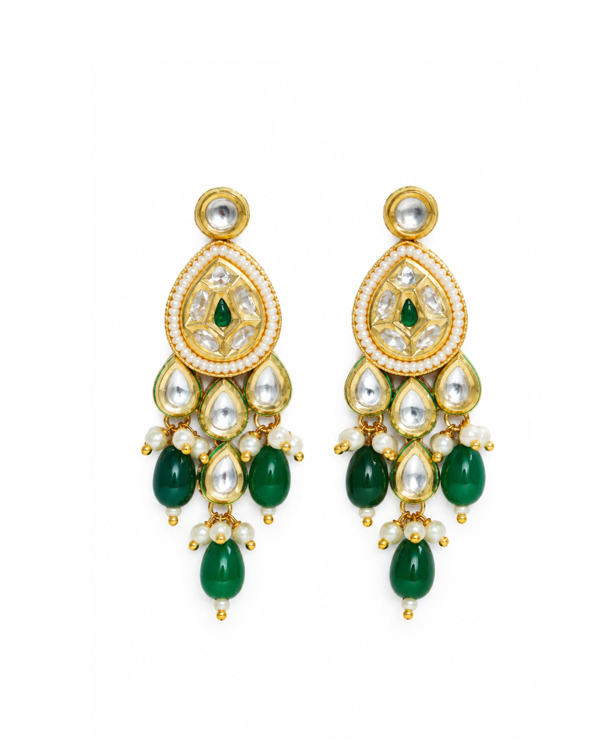 Gold Plated Kundan Teardrop Earrings with Green Beads