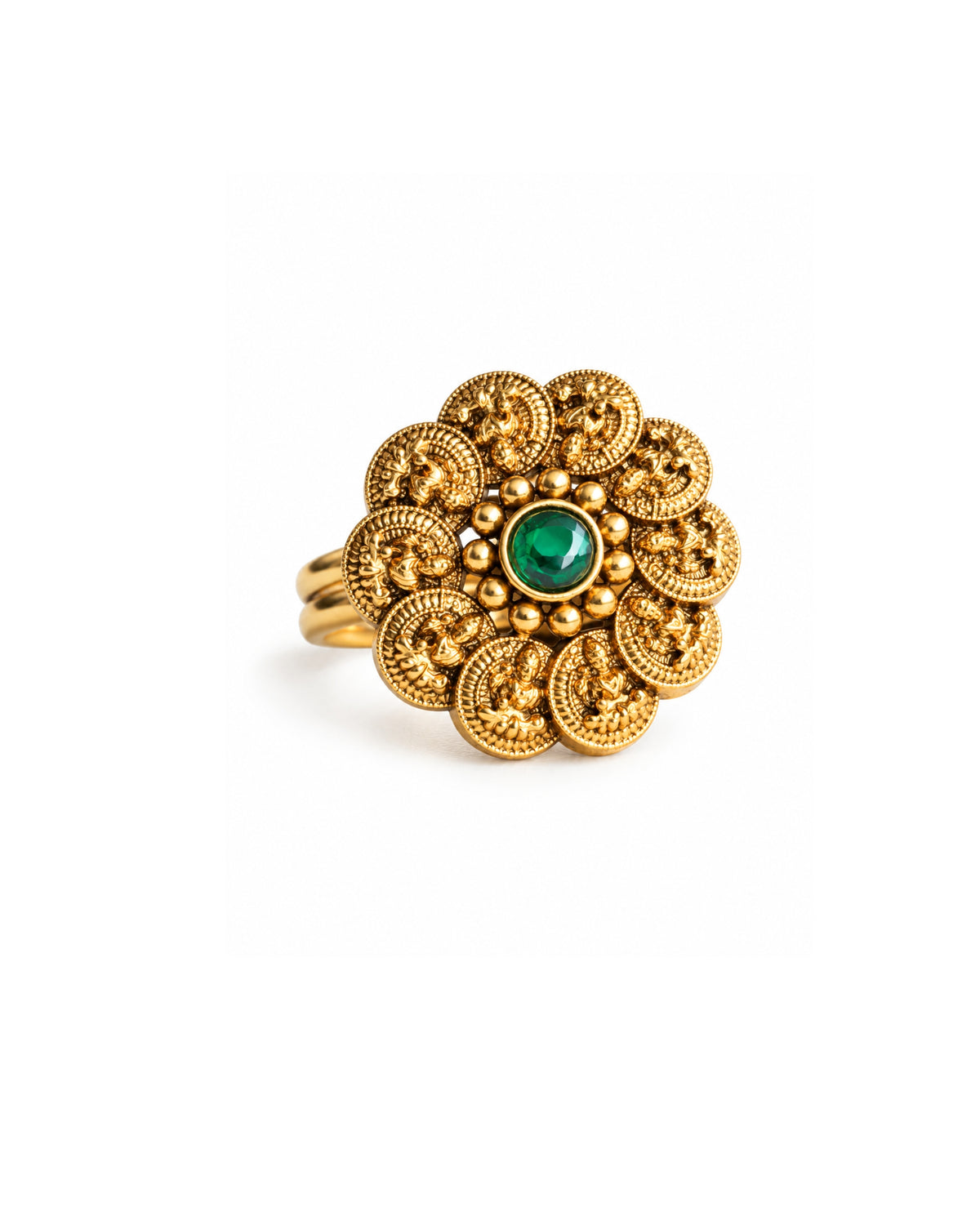Temple Gold Plated Emerald Laxmi Coin Adjustable Ring