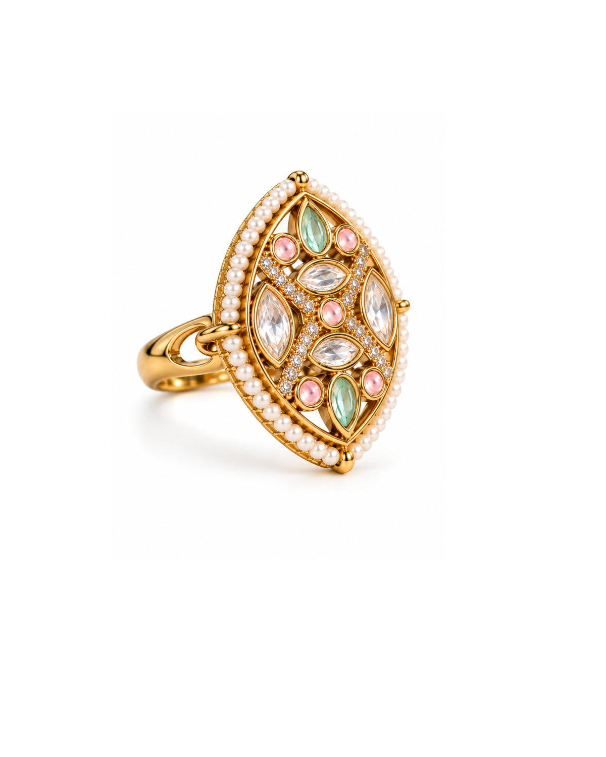 Kundan & AD Studded Pearl-Edge Adjustable Ring