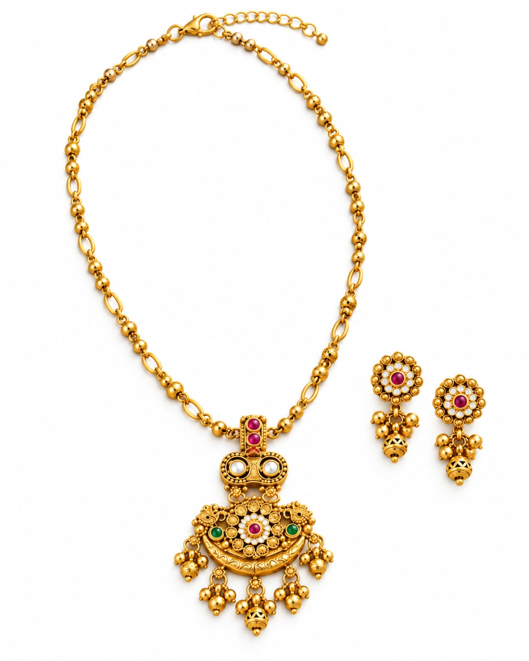 Braided Beaded Gold-Plated Floral Pendant Necklace Set