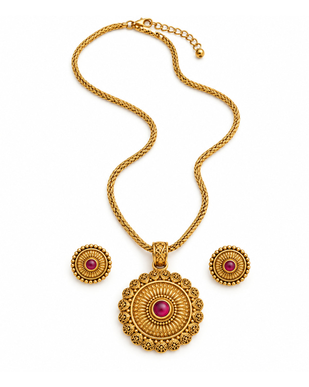 Gold Plated Ruby Pendant Necklace Set with Round Earrings