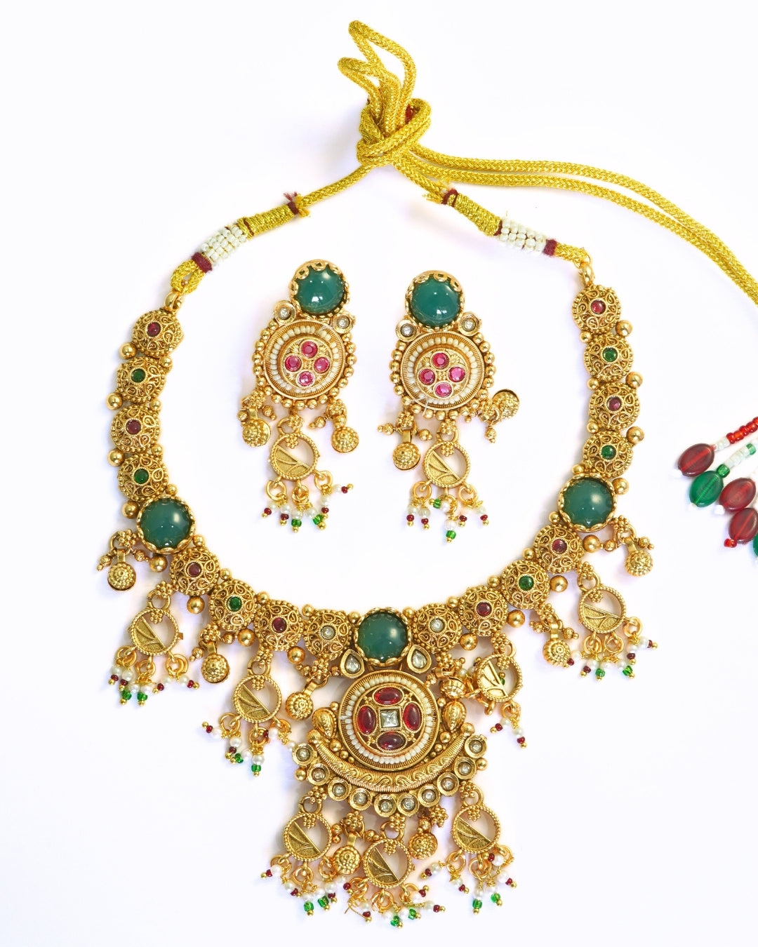 Emerald Studded Gold-Plated Beaded Necklace Set