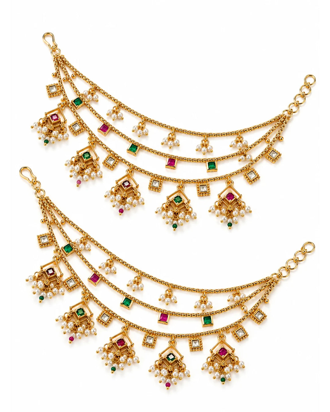 Traditional Brass 22K Micron Gold Plated Jadau Multilayer Earchain with Pearl Detailing