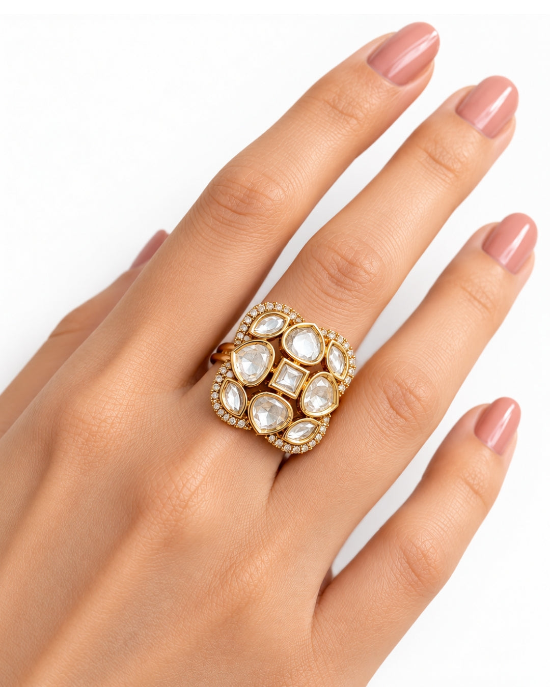 Gold-Plated Square Kundan Studded Ring
